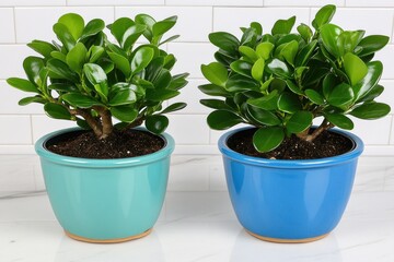 Fototapeta premium Two potted plants with vibrant green leaves in teal and blue ceramic pots on a white countertop.