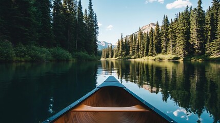 Obraz premium A peaceful canoe floating on a calm lake, encircled by towering pine trees in a serene forest.