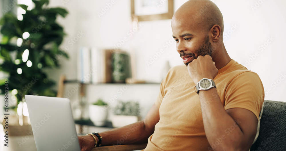 Poster remote work, laptop and man with thinking for networking, research and planning with news source. fr