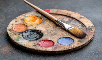 Used artist's palette with paint and brush.