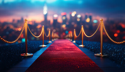 A red carpet rolls out before a glittering city skyline at night.  Golden stanchions line the path.