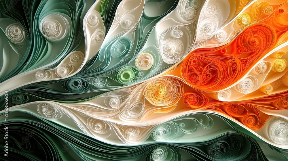 Poster vibrant abstract paper swirls in flowing patterns.