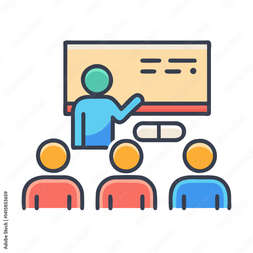 Aufkleber lecture presentation with audience and blackboard for training