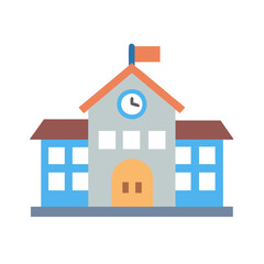 Cartoon School Building Illustration with Flag and Clock