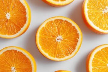 Fototapeta premium Vibrant and refreshing top view of juicy orange slices arranged on a clean white background, showcasing the bright color and natural texture of the citrus fruit.