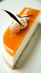 Apricot Mirror Glaze Mousse Cake Slice on White Plate