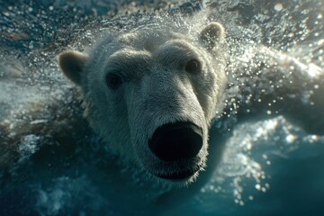 A captivating underwater portrait of a majestic polar bear swimming gracefully, its fur glistening with water droplets, creating a stunning and powerful image.