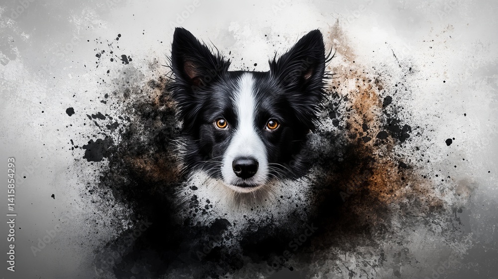 Poster border collie portrait is centered, seemingly emerging from an abstract watercolor explosion with da