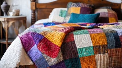 A cozy handmade patchwork quilt with vibrant colors, spread on a vintage wooden bed --ar 16:9 --v 6.1 Job ID: 0e468eb3-40d0-4b58-8dac-f7697ed6cd20