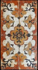 Orange Floral Ceramic Tiles, Decorative Square with Black Ornament, Rustic Wall