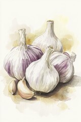 Obraz premium Watercolor Garlic Bulbs and Cloves Still Life Food Ingredient Fresh Produce