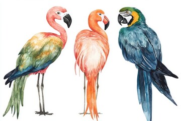 Obraz premium The set of tropical birds, comprising parrots, cockatoo, flamingo, and toucan, is showcased in a watercolor illustration on a white background