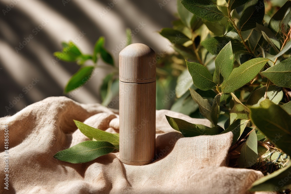 Poster elegant beige container with lid rests on a light brown cloth amidst lush greenery, creating a seren
