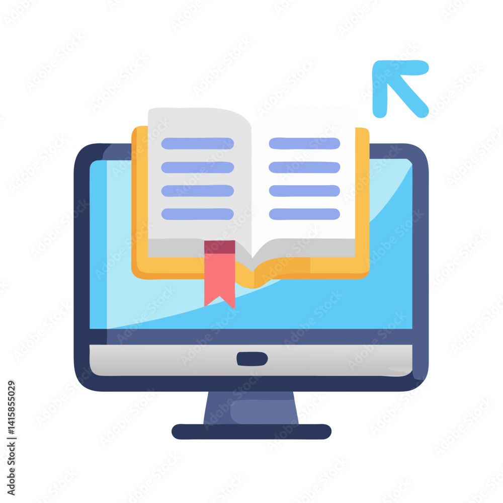 Poster online learning: computer monitor and book with arrow