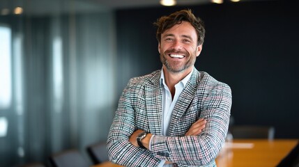 Obraz premium Cheerful Businessman with Arms Crossed in Modern Conference Room