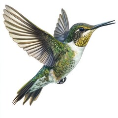 Obraz premium The hummingbird, a beautiful tropical bird, is shown in a watercolor illustration with an isolated white background
