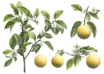 The illustration, a watercolor, showcases a collection of citrus fruits by way of orange branches that have flowers and leaves, done in a botanical illustration style