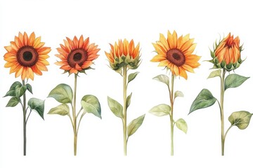 Naklejka premium The botanical painting features a floral design and a set of watercolor sunflower flowers