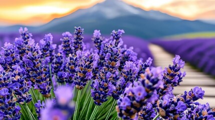 Obraz premium Sunset lavender field mountain background calm nature image