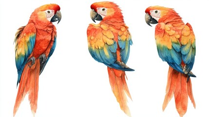 A watercolor painting by hand features a bird of paradise and other brightly colored tropical birds on a clean white background