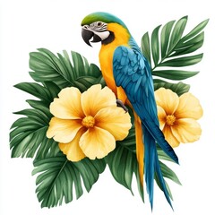 Fototapeta premium The image is a tropical watercolor of a bird, flower, and palm leaves set against an isolated white background, showcasing a jungle parrot