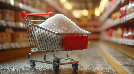 Miniature shopping cart overflowing with granulated sugar in a supermarket setting