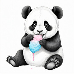 "Chubby baby panda eating cotton candy"

