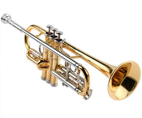Obraz premium Shiny brass trumpet with silver accents isolated on white background