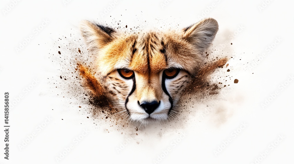 Poster cheetah's face is presented with dissolving edges against a stark white background, creating a strik