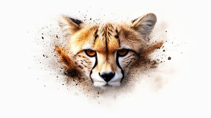 Obraz premium Cheetah's face is presented with dissolving edges against a stark white background, creating a striking visual effect.