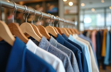 Colorful clothes hanging on hangers in boutique. Stylish apparel on display, retail fashion store concept. Variety of colors and designs. Concept of shopping, fashion, sale, consumerism.