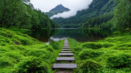 Fototapeta premium Tranquil lake valley stairway serene nature landscape photography