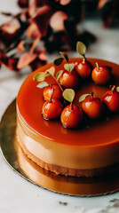 Autumn Caramel Mirror Glaze Cake with Glazed Apples and Cookie Base