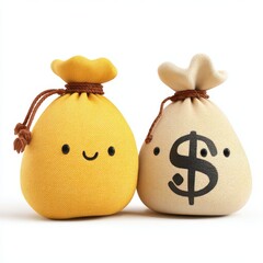 Two money bags with a smile and dollar sign isolated on white background