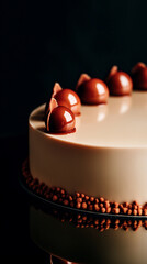 Minimalist Chocolate Mousse Cake with Glossy Spheres and Textured Cocoa Edge