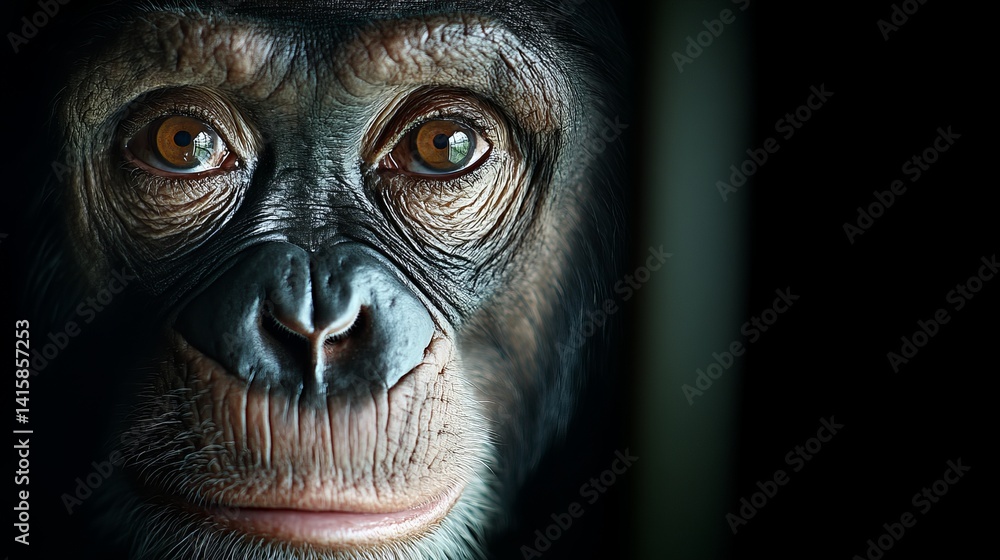 Poster chimpanzee gazes forward with intent eyes in the partially shadowed foreground against a dark backgr