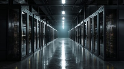 Dark facility with working server racks Crypto mining big data IoT and cloud technology visual