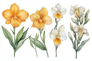 Obraz premium A floral set of yellow flowers, including freesia and orchid, is depicted in a botanical painting with a watercolor style, isolated on a white background