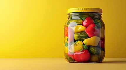 A luxury pickled jar mockup with a polished glass appearance, featuring a fresh, bold label and showcasing bright, colorful pickles inside 