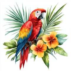 Fototapeta premium This watercolor illustration is a hand drawing of a beautiful tropical bird, namely a red macaw parrot, accompanied by flowers and a leaf, placed on a simple isolated background