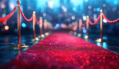 A shimmering red carpet, flanked by velvet ropes, leads to a city backdrop twinkling with lights.  A glamorous scene.