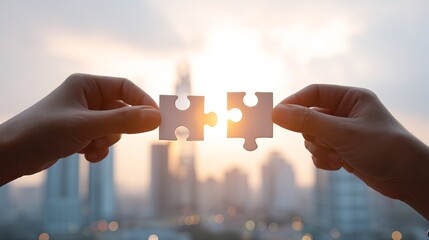 Hands connect puzzle piece over bright city background Team collaboration and strategy symbol