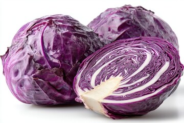A vibrant display of fresh red cabbage, whole and halved, showcasing its intricate layers and rich color on a seamless white background, ideal for culinary and healthy lifestyle concepts.