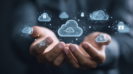 Hands hold virtual cloud Business online security firewall and internet privacy protection system