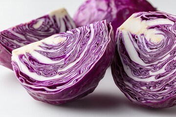 Close-up of sliced red cabbage, revealing intricate layers, highlighting freshness and texture of this healthy, vibrant vegetable for use in salads and cooking.