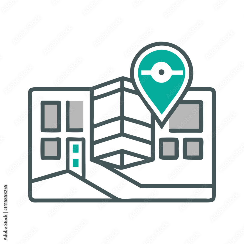 Poster building location icon with map pointer, vector illustration