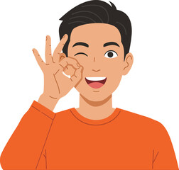 Young man with dark hair winking and making okay gesture wearing orange shirt flat design vector illustration
