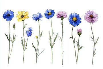 This watercolor botanical illustration showcases a vibrant and colorful floral arrangement consisting of wildflowers like clover, rapeseed, cornflower, and delphinium