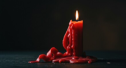 red candle burning against dark background, wax dripping elegantly down sides. captures warmth of candlelight, creating cozy, romantic ambiance. ideal for relaxation, meditation visuals