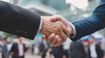 Two businessmen handshake after merger and negotiation Partnership and business success in organization